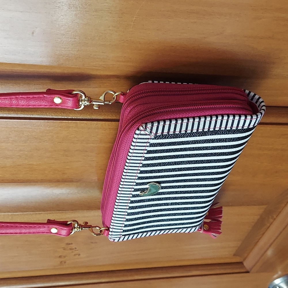 * Buxton Wallet Black, White & Pink Striped Pink Trim Adjustable Strap, Like New